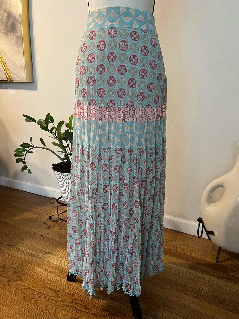 Apostrophe Tiered Boho Maxi Skirt in Light Blue and Pink